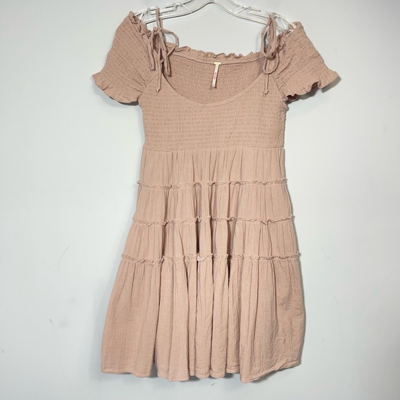 Free People Happy With You Mini Dress Smoked Mulberry Tiered Swing Off Shoulder - Picture 6 of 16